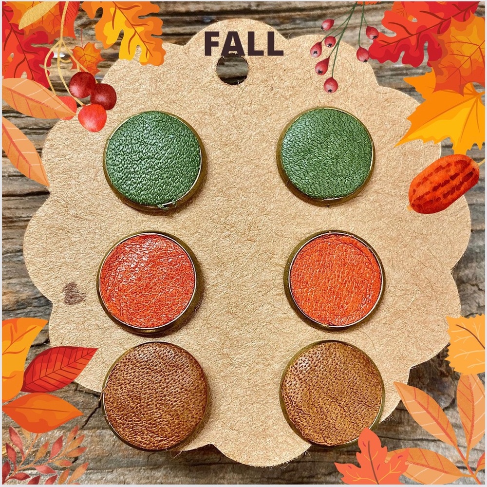 Set of three stud earrings, Fall colors, autumn jewelry, leather studs, gift